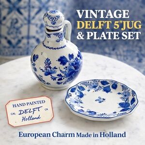 Vintage Delft Blue Jug Pottery Dutch Hand Painted 5”H  and Octagonal platter
